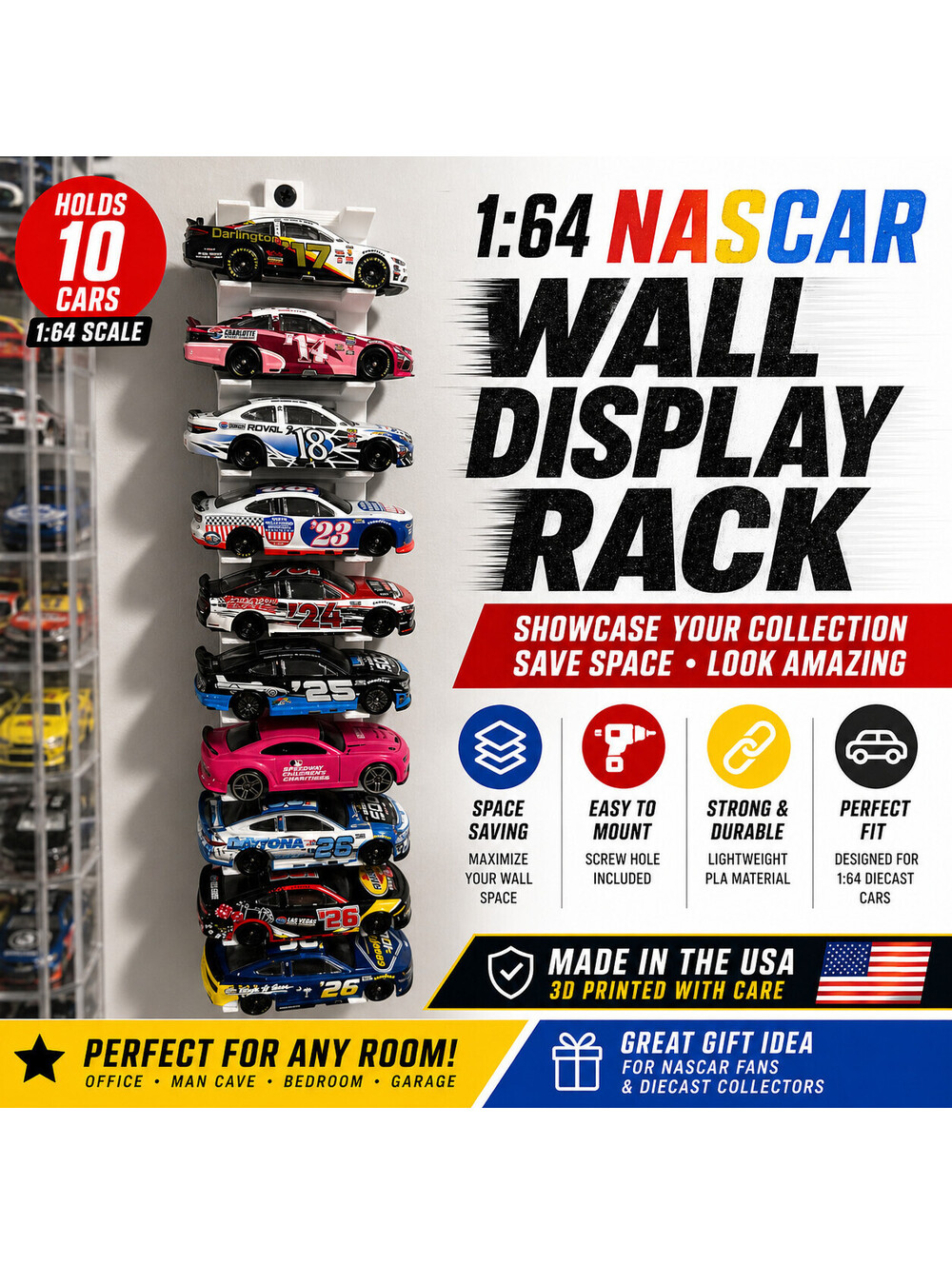 1:64 NASCAR Wall Display Rack Holds 10 Cars Diecast Mount Space Saver